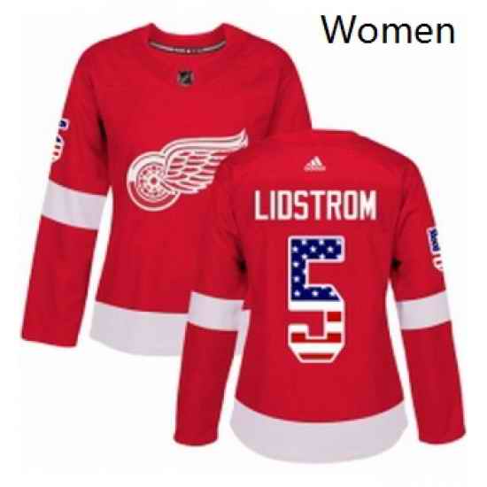 Womens Adidas Detroit Red Wings 5 Nicklas Lidstrom Authentic Red USA Flag Fashion NHL Jersey